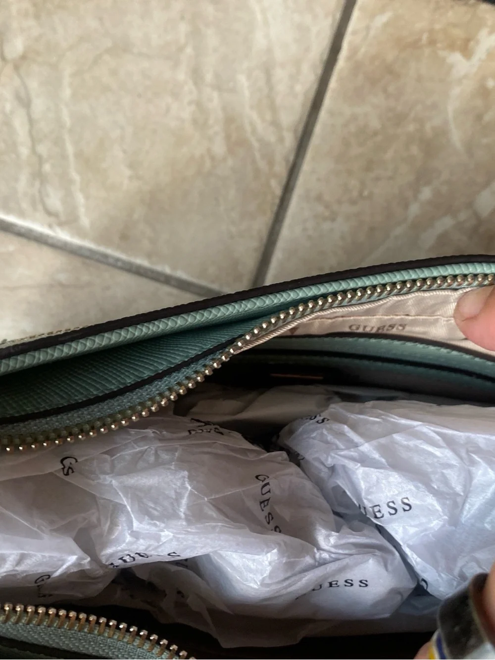 GUESS Sage Green Crescent Shoulder Bag with Silver Logo Beautiful color